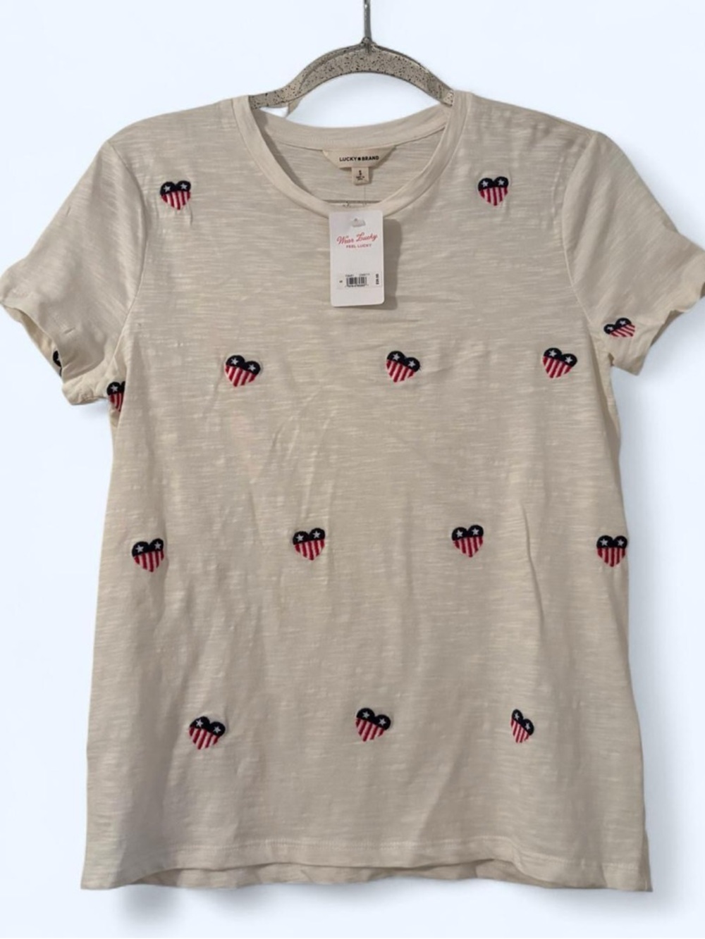 NWT Lucky Brand Beige Tee with Patriotic Hearts